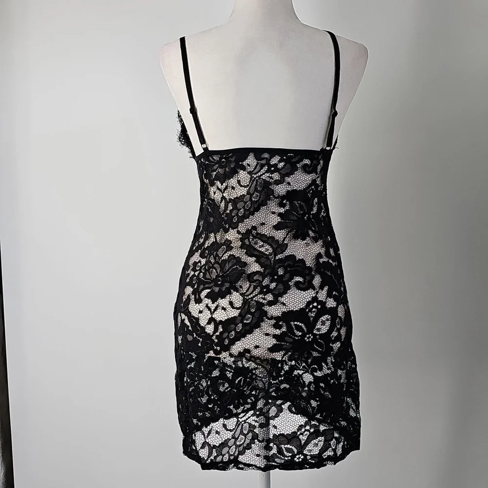 Sheer Black Lace Mini‎ Deep Vneck Nightgown w Crystal Embellishments Whimsigoth